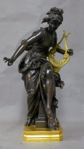 Albert Ernest Carrier-Belleuse (French, 1824-1887), patinated and dore bronze sculpture titled ‘Melodie,’ artist-signed and with Tiffany & Co. foundry mark, 25½ in tall, est. $3,000-$4,000. Sterling Associates image